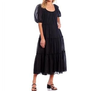Antonio Melani Black Rosalia Tiered Puff Sleeve Silk Peasant Dress small